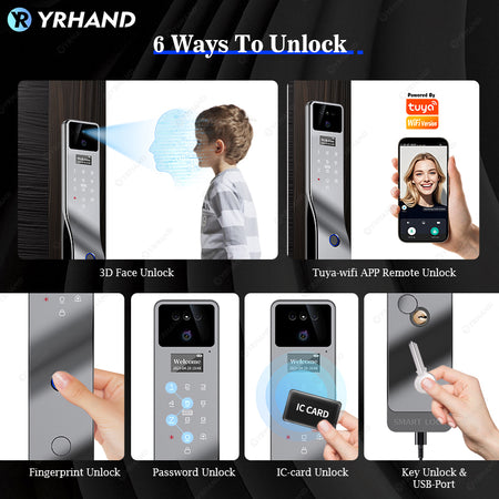 YRHAND F7 Tuya Smart Door Lock |3D Face Recognition + 2K Camera + Fingerprint|Works with Google/Alexa/Security Camera