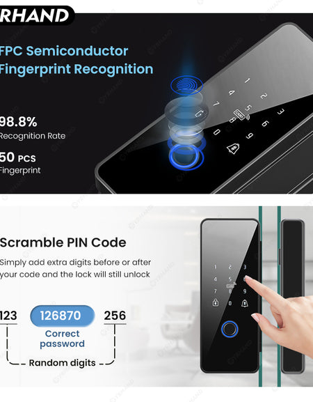 YRHAND 008 Tuya APP Smart Biometric Electronic Glass Door Fingerprint Lock Bluetooth Lock 13.56Mhz RFID Control Keyless Unlock For office