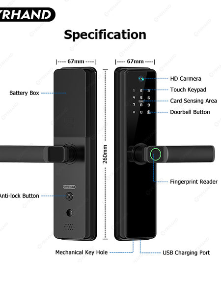 B2pro-Tuya App Biometric Smart Door Lock With Camera,with 4585 mortise,Electric Fingerprint Door Lock Security Intelligent Lock for Hotel Apartment