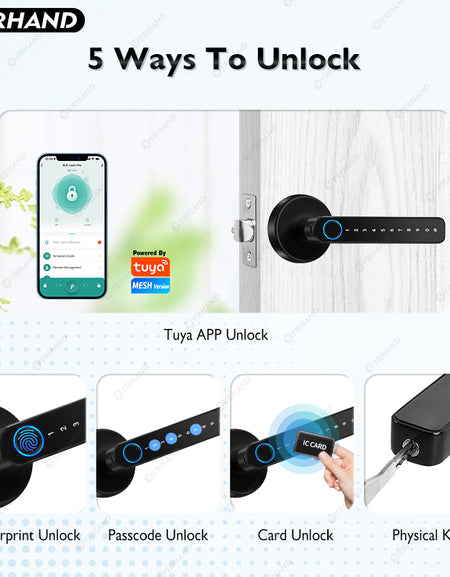YRHAND X10 Tuya Bluetooth Smart Door Lock APP Remote Unlock 5 In 1 Fingerprint Password IC Card Unlock Digital Lock for Wooden Door
