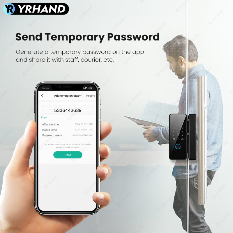 YRHAND 008 Tuya APP Smart Biometric Electronic Glass Door Fingerprint Lock Bluetooth Lock 13.56Mhz RFID Control Keyless Unlock For office