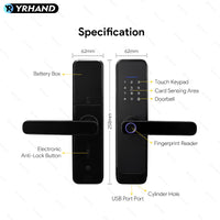 H03-Fingerprint Smart Door Lock with 4585 mortise,Anti-theft Biometric Password Door Lock,Tuya App Control,Backup Key, IC Card Unlock