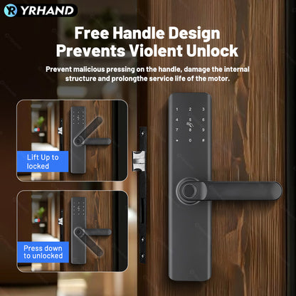 K9A-TUYA App Electronic Smart Door Lock with Handle, Smart Home Kits,Intelligent Keyless Entry Door Lock with Biometric Fingerprint/RFID Card/Password/Key Unlock