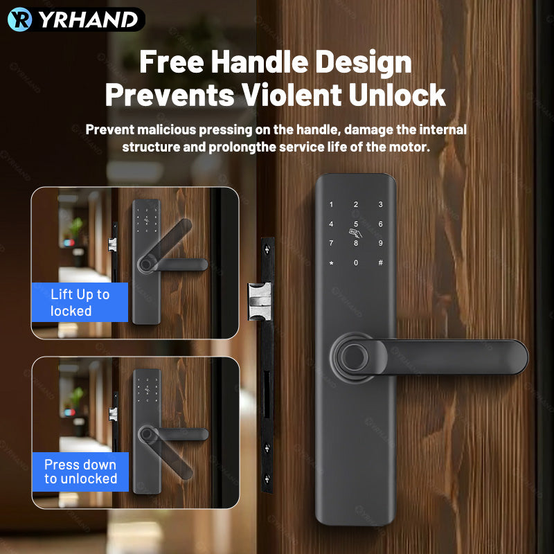 K9A-TUYA App Electronic Smart Door Lock with Handle, Smart Home Kits,Intelligent Keyless Entry Door Lock with Biometric Fingerprint/RFID Card/Password/Key Unlock