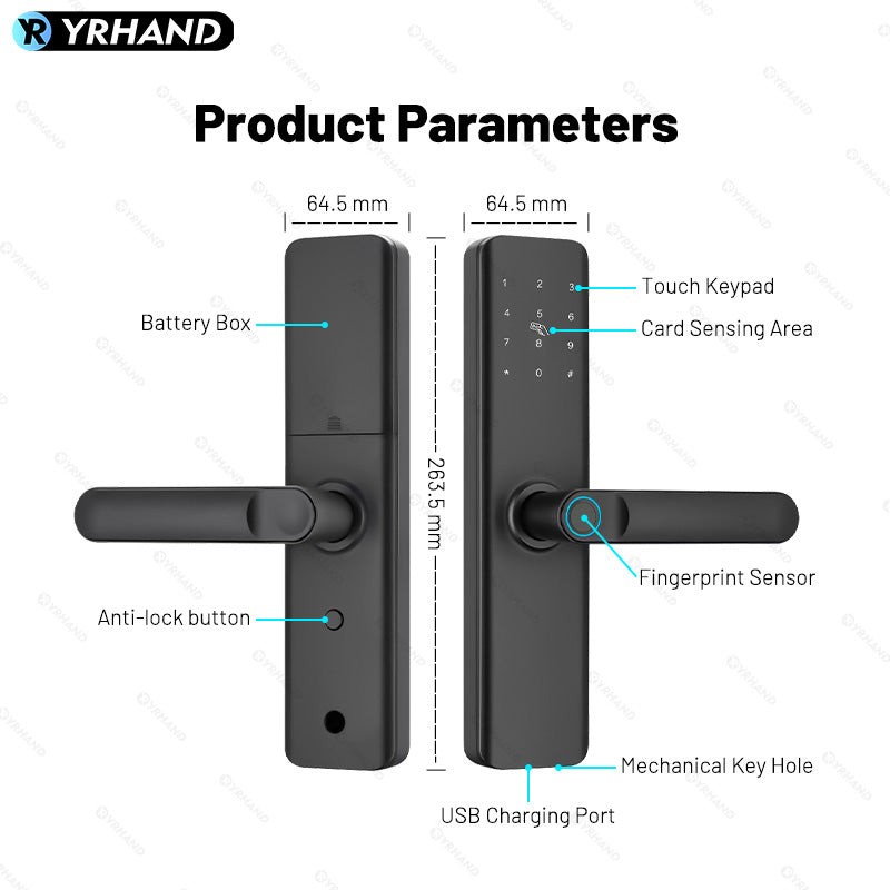 K9A-TUYA App Electronic Smart Door Lock with Handle, Smart Home Kits,Intelligent Keyless Entry Door Lock with Biometric Fingerprint/RFID Card/Password/Key Unlock