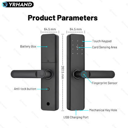 K9A-TUYA App Electronic Smart Door Lock with Handle, Smart Home Kits,Intelligent Keyless Entry Door Lock with Biometric Fingerprint/RFID Card/Password/Key Unlock