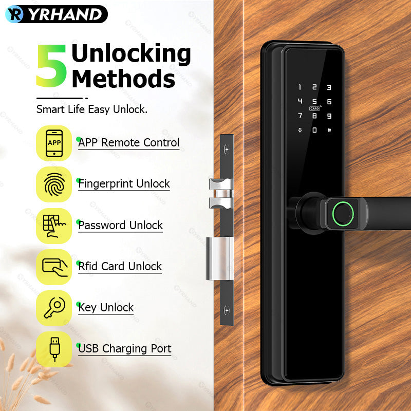 B2-YRHAND Tuya WIFI Smart Fingerprint Door Lock with 4585 Mortise, with 5-in-1 Unlock Methods,Security Intelligent Lock Biometric Electronic Gate Lock for Hotel/Office/Apartment