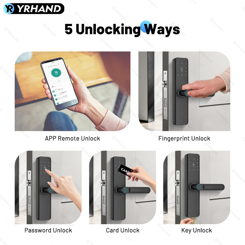 K9A-TUYA App Electronic Smart Door Lock with Handle, Smart Home Kits,Intelligent Keyless Entry Door Lock with Biometric Fingerprint/RFID Card/Password/Key Unlock