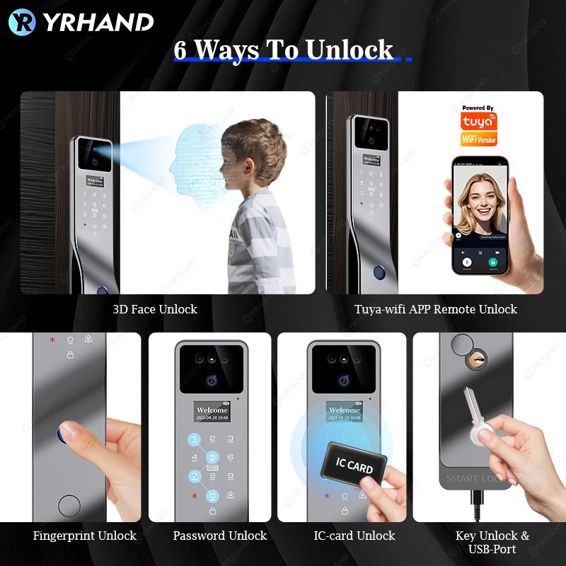 YRHAND F7 Tuya Smart Door Lock ｜3D Face Recognition + 2K Camera + Fingerprint｜Works with Google/Alexa/Security Camera