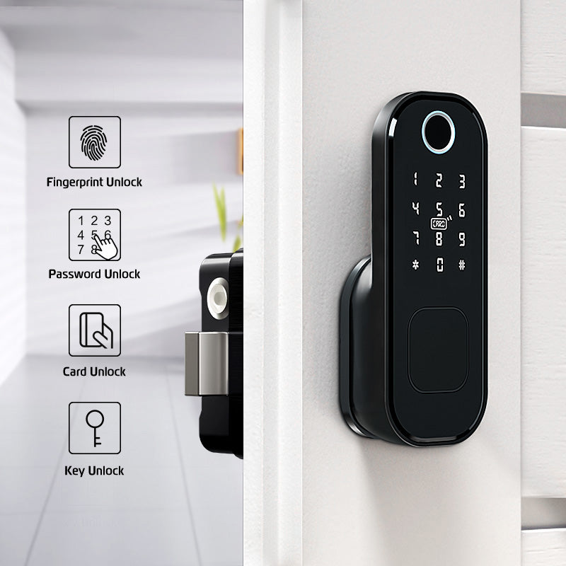 R5-Keyless Smart Door Lock TTLock App Electric Rim Lock Biometrics Fingerprint Door Lock with IC Card / Password Key Unlock