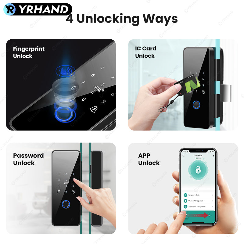 YRHAND 008 Tuya APP Smart Biometric Electronic Glass Door Fingerprint Lock Bluetooth Lock 13.56Mhz RFID Control Keyless Unlock For office