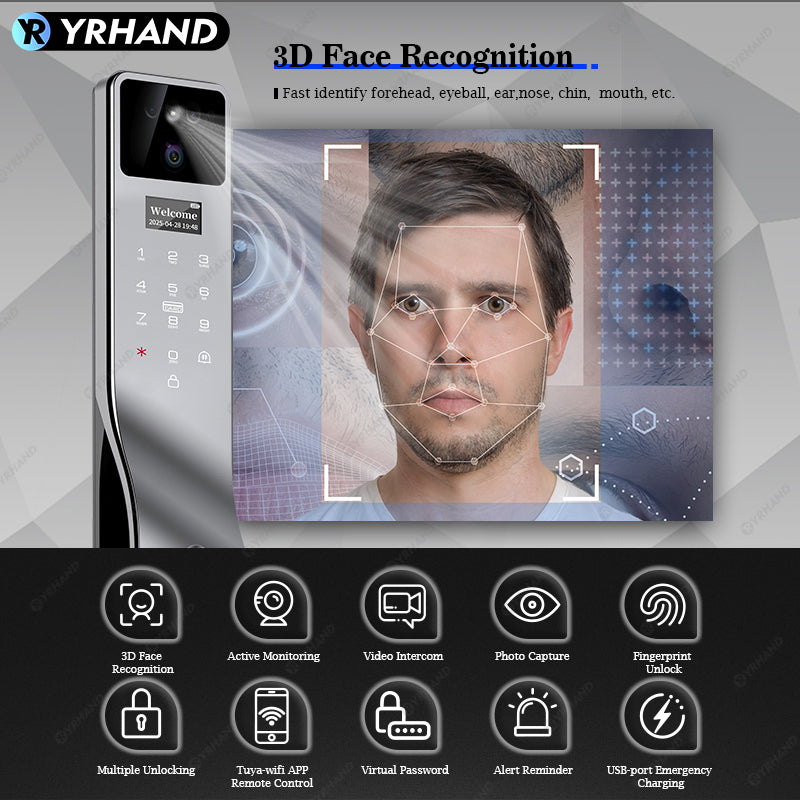 YRHAND F7 Tuya Smart Door Lock ｜3D Face Recognition + 2K Camera + Fingerprint｜Works with Google/Alexa/Security Camera