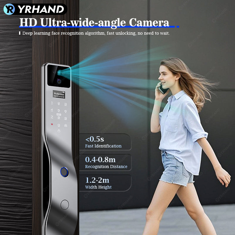 YRHAND F7 Tuya Smart Door Lock ｜3D Face Recognition + 2K Camera + Fingerprint｜Works with Google/Alexa/Security Camera