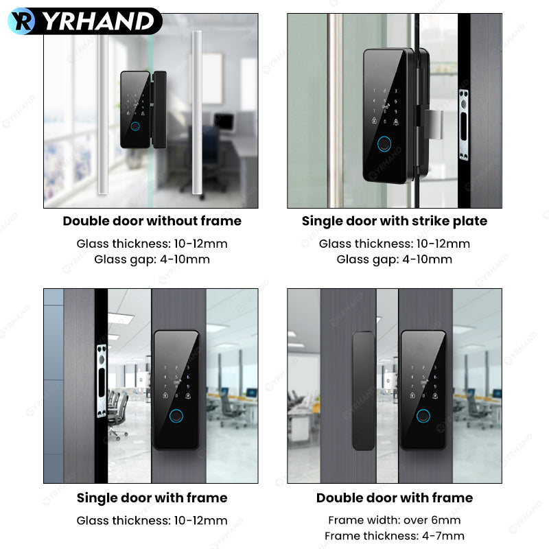 YRHAND 008 Tuya APP Smart Biometric Electronic Glass Door Fingerprint Lock Bluetooth Lock 13.56Mhz RFID Control Keyless Unlock For office