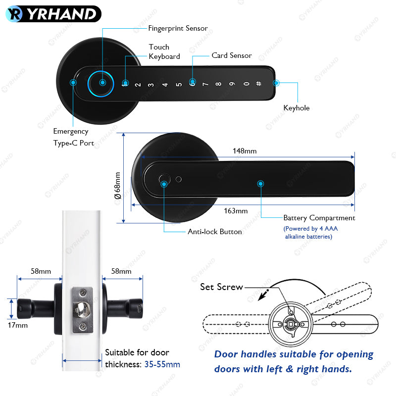 YRHAND X10 Tuya Bluetooth Smart Door Lock APP Remote Unlock 5 In 1 Fingerprint Password IC Card Unlock Digital Lock for Wooden Door
