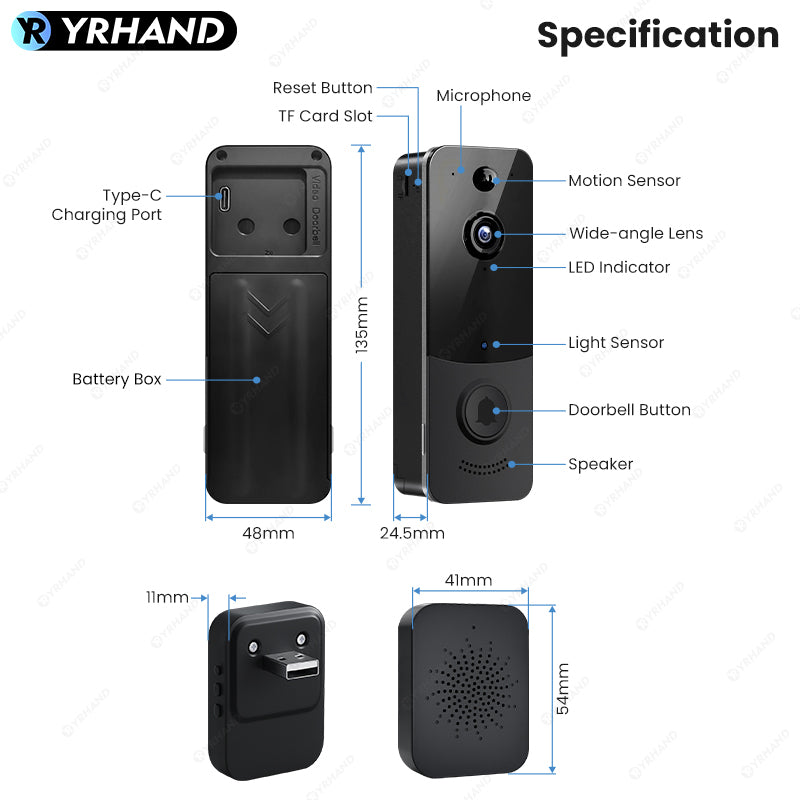 YRHAND DB2 TTLock Video Intercom Doorbell Camera 2MP 1080P HD PIR Motion Detection Two-Way Audio Night Vision Wireless Door Bell with Chime