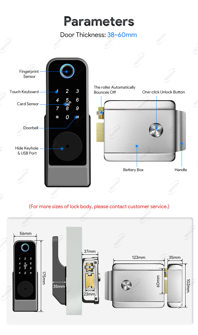 YRHAND GT01-2 Fingerprint Lock Waterproof Tuya Wifi Remote Control Bluetooth TTLock App Mechanical Electronic Smart Door Lock For home