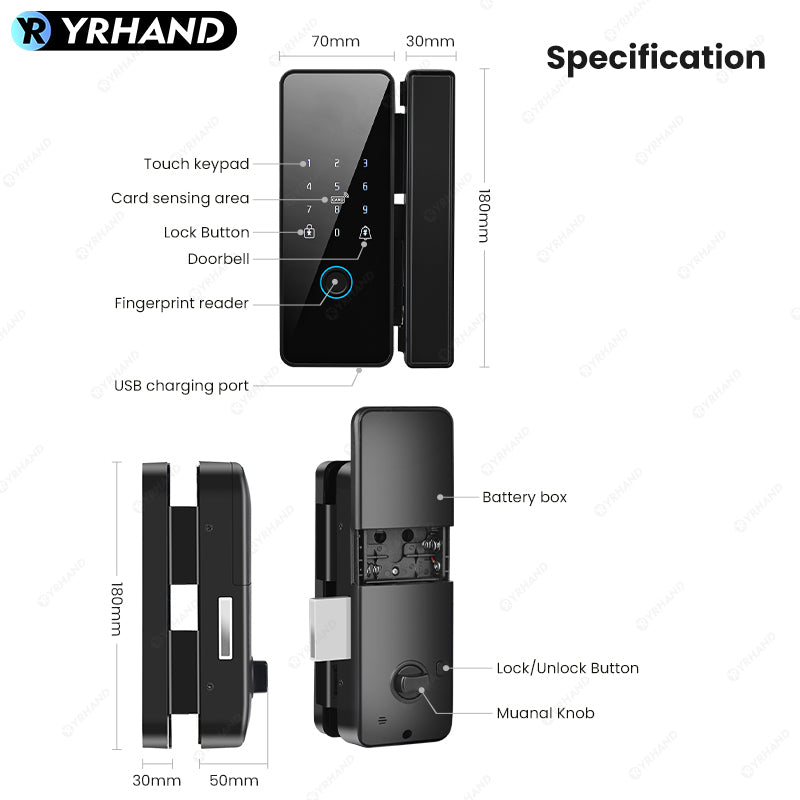 YRHAND 008 Tuya APP Smart Biometric Electronic Glass Door Fingerprint Lock Bluetooth Lock 13.56Mhz RFID Control Keyless Unlock For office