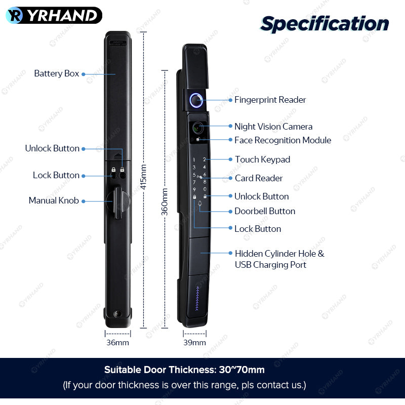 YRHAND A216 3D Face recognition lock Tuya wifi fechadura eletronico digital Waterpoof Visual intercom keyless unlock Sliding Smart Door Lock
