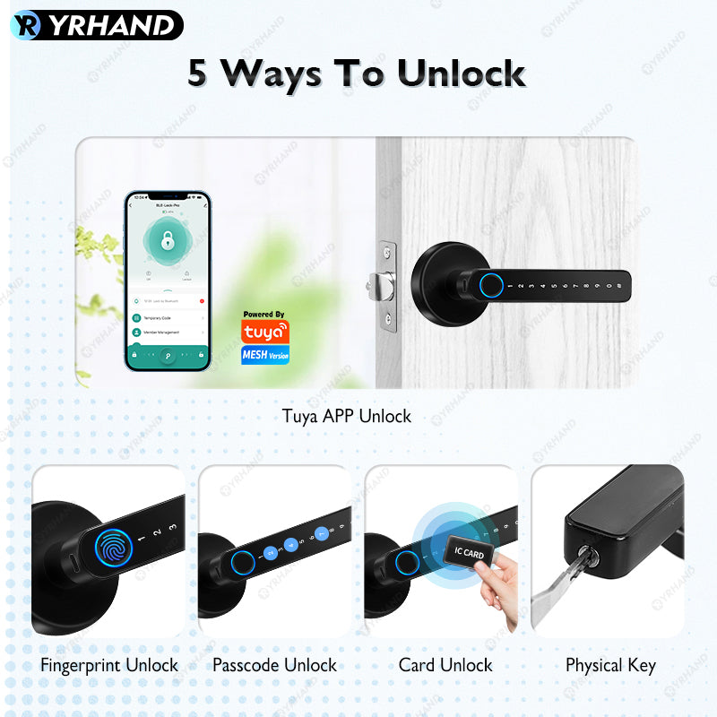 YRHAND X10 Tuya Bluetooth Smart Door Lock APP Remote Unlock 5 In 1 Fingerprint Password IC Card Unlock Digital Lock for Wooden Door