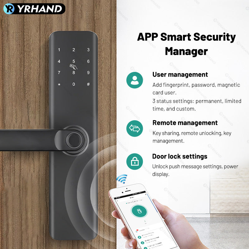 K9A-TUYA App Electronic Smart Door Lock with Handle, Smart Home Kits,Intelligent Keyless Entry Door Lock with Biometric Fingerprint/RFID Card/Password/Key Unlock
