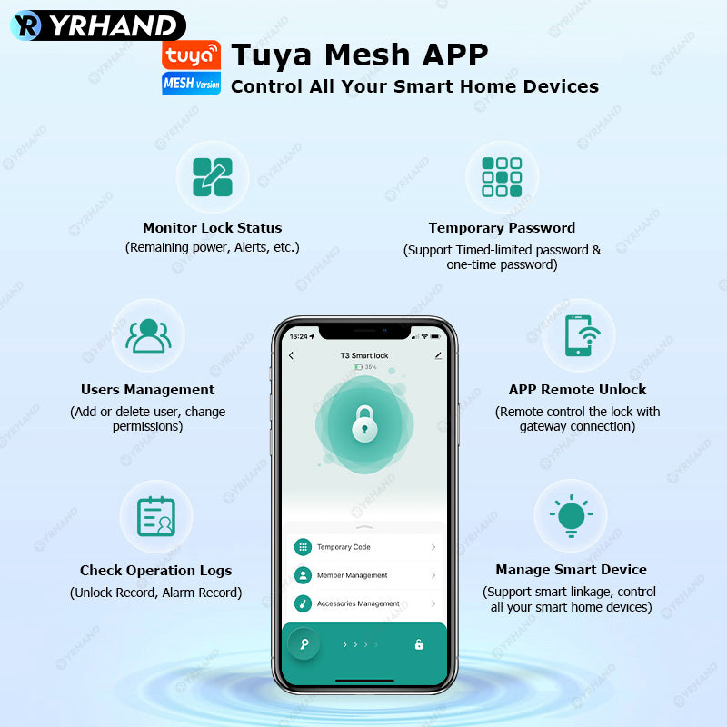 YRHAND X10 Tuya Bluetooth Smart Door Lock APP Remote Unlock 5 In 1 Fingerprint Password IC Card Unlock Digital Lock for Wooden Door