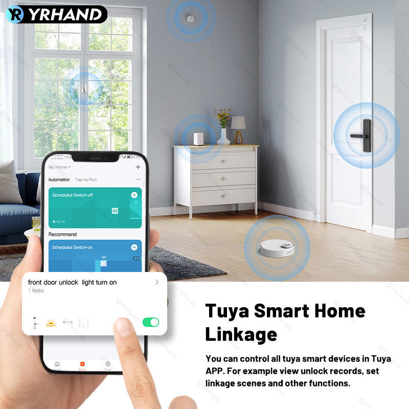 K9A-TUYA App Electronic Smart Door Lock with Handle, Smart Home Kits,Intelligent Keyless Entry Door Lock with Biometric Fingerprint/RFID Card/Password/Key Unlock