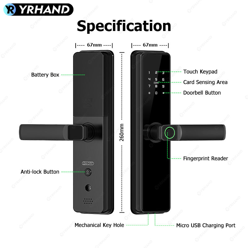 B2-YRHAND Tuya WIFI Smart Fingerprint Door Lock with 4585 Mortise, with 5-in-1 Unlock Methods,Security Intelligent Lock Biometric Electronic Gate Lock for Hotel/Office/Apartment