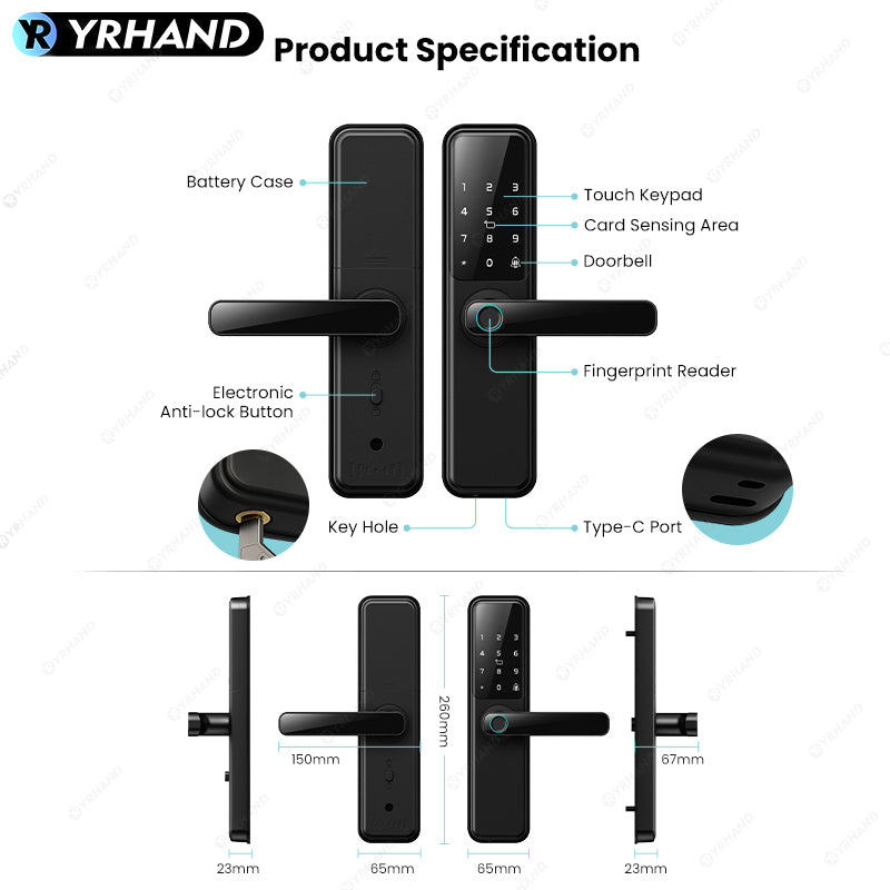 DG01-TTLock App Biometric Fingerprint Smart Door Lock,Adjustable handle direction,Electronic anti-lock Button,Password RFID Card Keyless Security Entry Electronic Smart Lock for Home Apartment