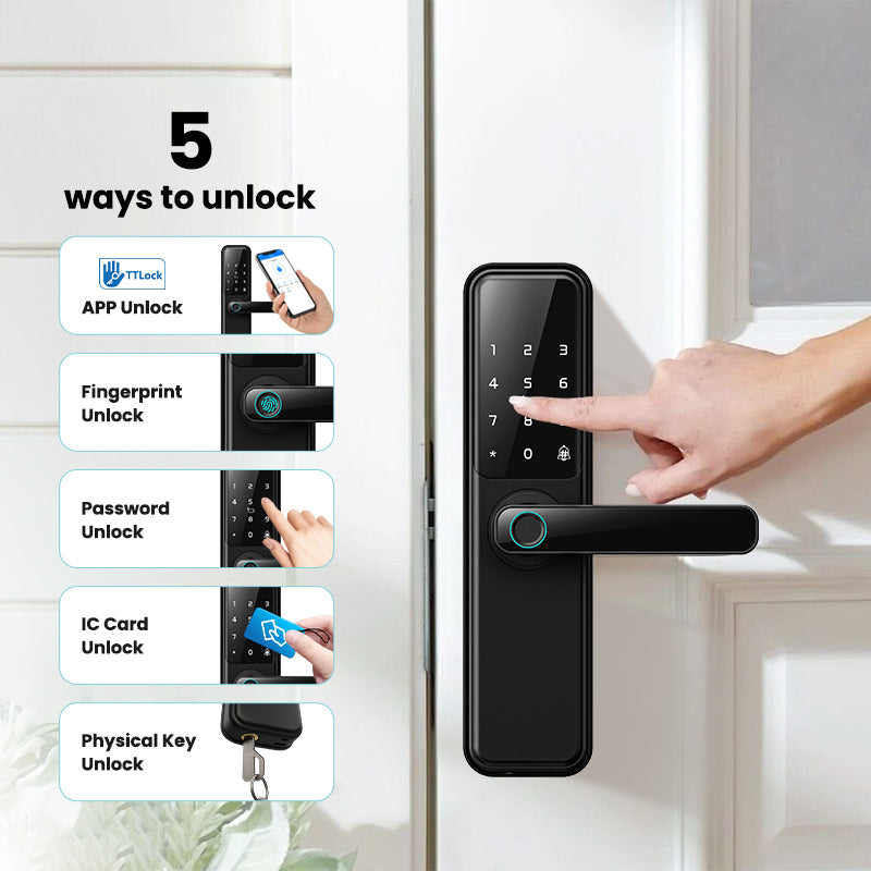 DG01-New Fingerprint Smart Door Lock with 4585 Mortise,5-in-1 Unlock Methods Keyless Door Lock, Secure Keyless Entry, Interchangeable Handles Left and Right,TTLock App Remote Control