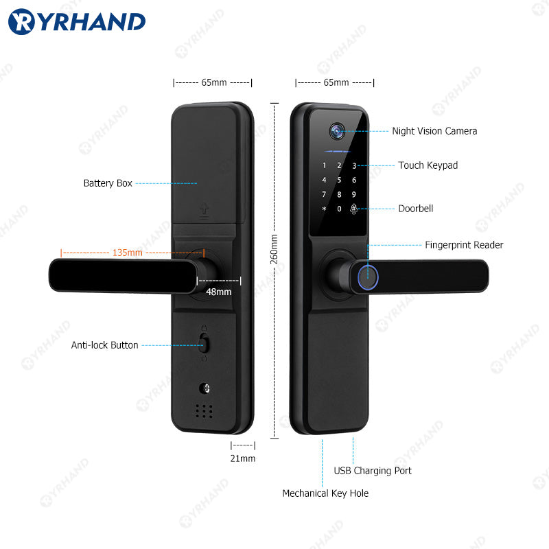 YRHAND H01PRO fechadura eletronica Tuya Wifi Digital Electronic Smart Door Lock With Biometric Camera Fingerprint IP66 Smart Lock