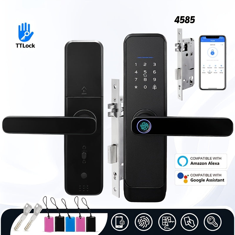 H03-Electronic Smart Door Lock, Intelligent Fingerprint Lock with standard Mortise 4585, Keyless Entry Door Lock with Handle, Code Door lock with Keypad, TTlock App Control