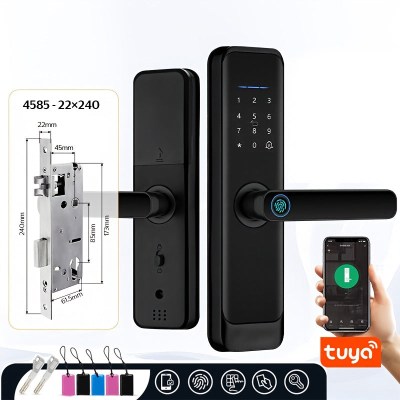 H03-Fingerprint Smart Door Lock with 4585 mortise,Anti-theft Biometric Password Door Lock,Tuya App Control,Backup Key, IC Card Unlock