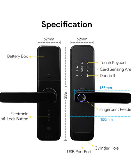 H03-Electronic Smart Door Lock, Intelligent Fingerprint Lock with standard Mortise 4585, Keyless Entry Door Lock with Handle, Code Door lock with Keypad, TTlock App Control