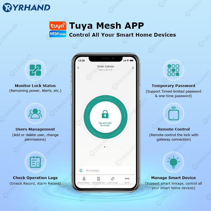 K1P-YRHAND Cylinder Electronic Smart Door Lock FRID Card Digital Password Keyless Security Entry Smart Lock Tuya App Control