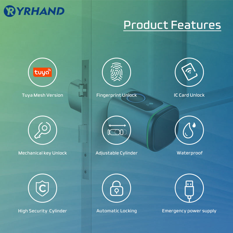 K1F-YRHAND Tuya App Cylinder Electronic Smart Door Lock Fingerprint FRID Card Mechanical Key Unlock