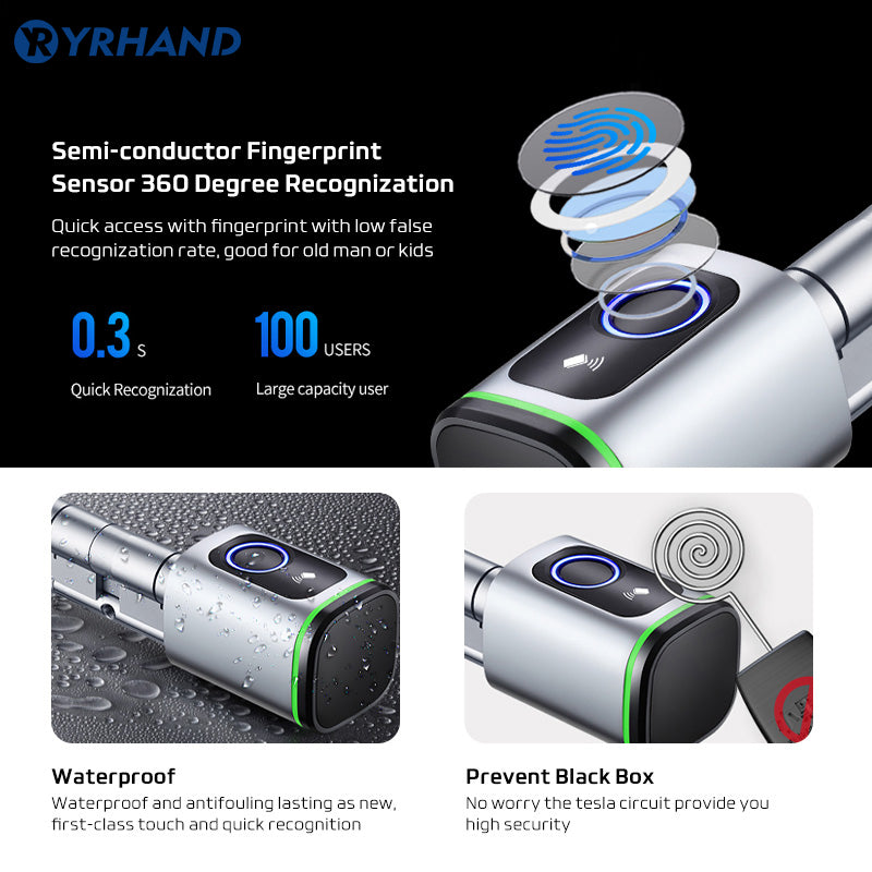 K1F-YRHAND Tuya App Cylinder Electronic Smart Door Lock Fingerprint FRID Card Mechanical Key Unlock