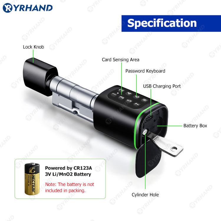 K1P-YRHAND Cylinder Electronic Smart Door Lock FRID Card Digital Password Keyless Security Entry Smart Lock Tuya App Control