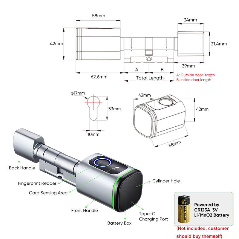 K1F-YRHAND New Adjustable Replacement Fingerprint Electronic Door lock FRID Card Keyless Smart Cylinder Lock TTlock App Remote Control
