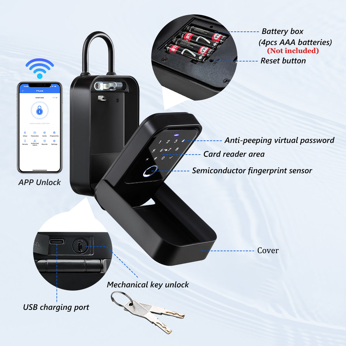 K5-New Wall Mounted Key Lock Box,TTlock App Control,Electronic Fingerprint Lock Box with Access Card,Manual Keys,Share eKey and Passcode Unlock,IPX5,Bluetooth Wireless Lock Box for for Indoor Outdoor Home Office