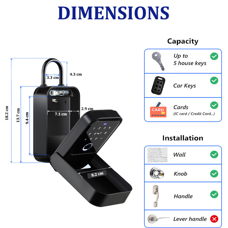 K5-YRHAND Smart Lock Box,Wireless Smart Key Lockbox with TUYA APP Control,Fingerprint, Manual Keys, Access Card,Passcodes Unlock, IPX5 ,Bluetooth Key Box for Home & Office & Garage