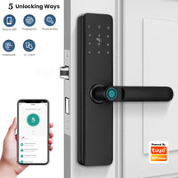 K9A-TUYA App Electronic Smart Door Lock with Handle, Smart Home Kits,Intelligent Keyless Entry Door Lock with Biometric Fingerprint/RFID Card/Password/Key Unlock