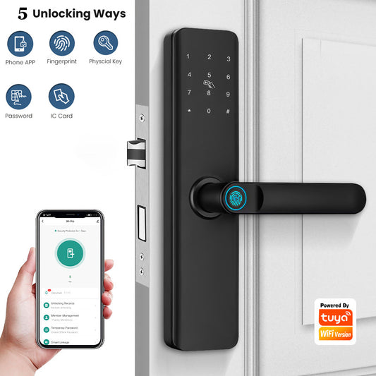 K9A-TUYA App Electronic Smart Door Lock with Handle, Smart Home Kits,Intelligent Keyless Entry Door Lock with Biometric Fingerprint/RFID Card/Password/Key Unlock