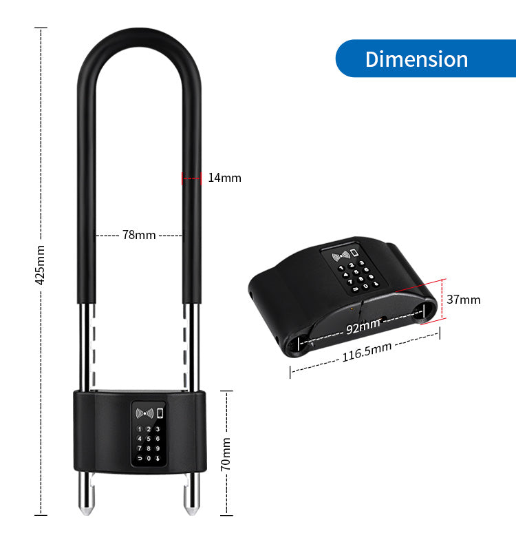 Waterproof code cardable smart U-shaped door lock