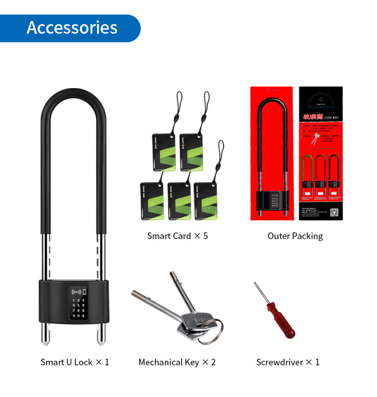 Waterproof code cardable smart U-shaped door lock