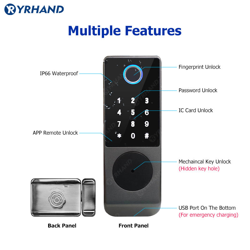 R7DM-Fingerprint Door Lock Tuya App Remote Control, Keyless Electronic Smart Rim Door Lock With IC Card Digital Password Key Unlock