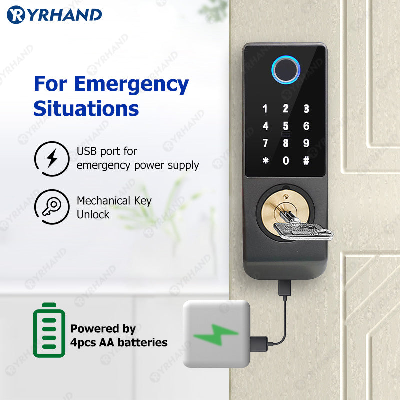 R7DM-Fingerprint Door Lock Tuya App Remote Control, Keyless Electronic Smart Rim Door Lock With IC Card Digital Password Key Unlock