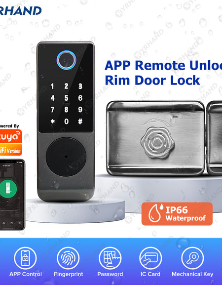 R7DM-Fingerprint Door Lock Tuya App Remote Control, Keyless Electronic Smart Rim Door Lock With IC Card Digital Password Key Unlock