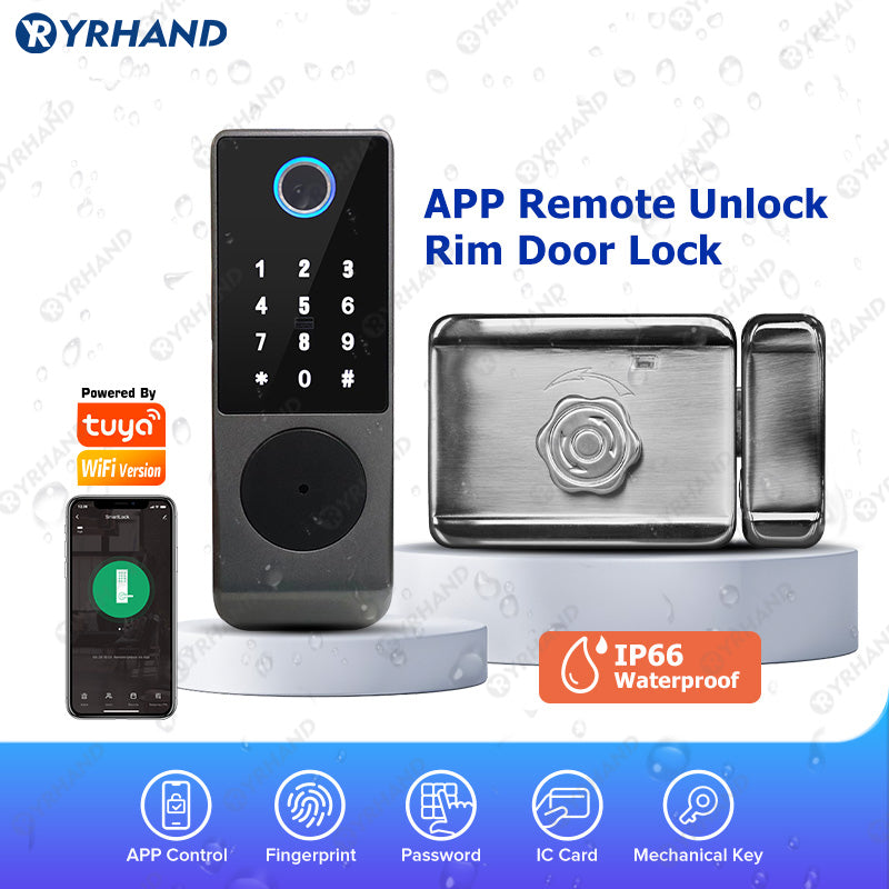 R7DM-Fingerprint Door Lock Tuya App Remote Control, Keyless Electronic Smart Rim Door Lock With IC Card Digital Password Key Unlock