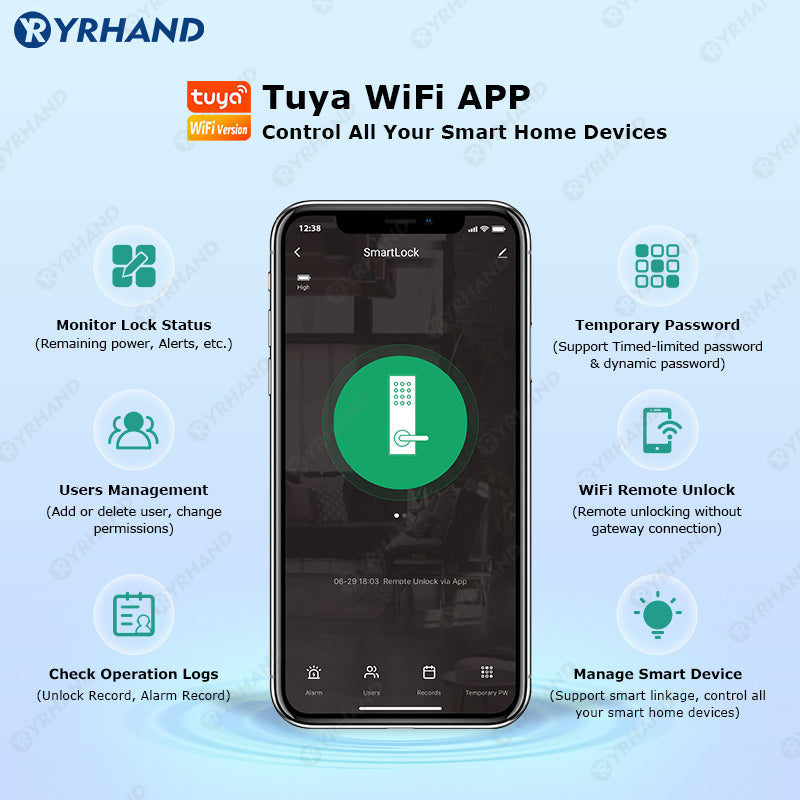 R7DM-Fingerprint Door Lock Tuya App Remote Control, Keyless Electronic Smart Rim Door Lock With IC Card Digital Password Key Unlock